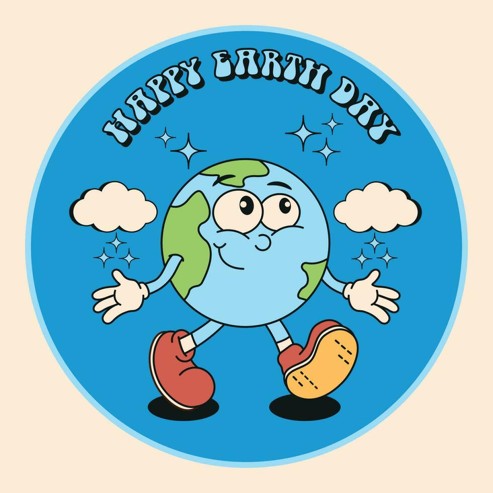 World Health Day design with planet mascot in soft blue colors. Retro cartoon character of 70s, 80s, inscription Happy Planet Day. Vector illustration.