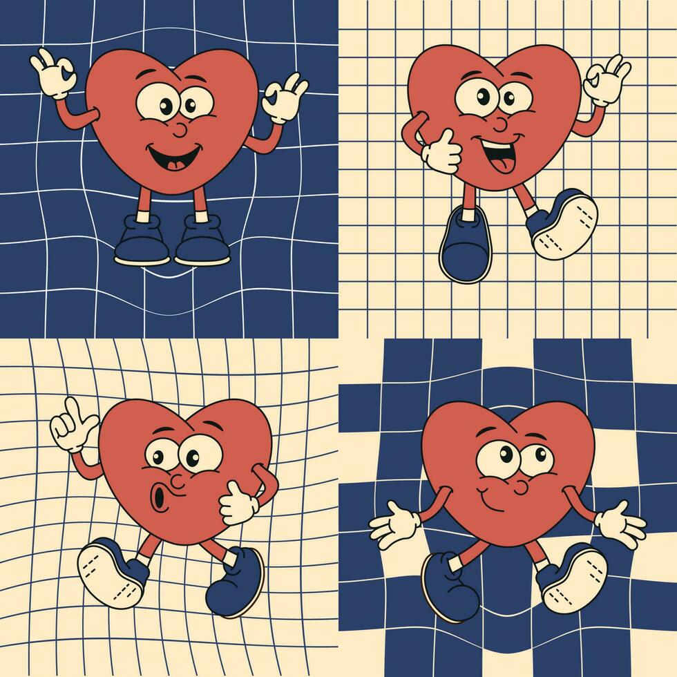 Clockwork posters with cute retro cartoon heart. Monochrome palette. Love concept. Greeting card, sticker, banner. Valentine's Day. Vector. vector