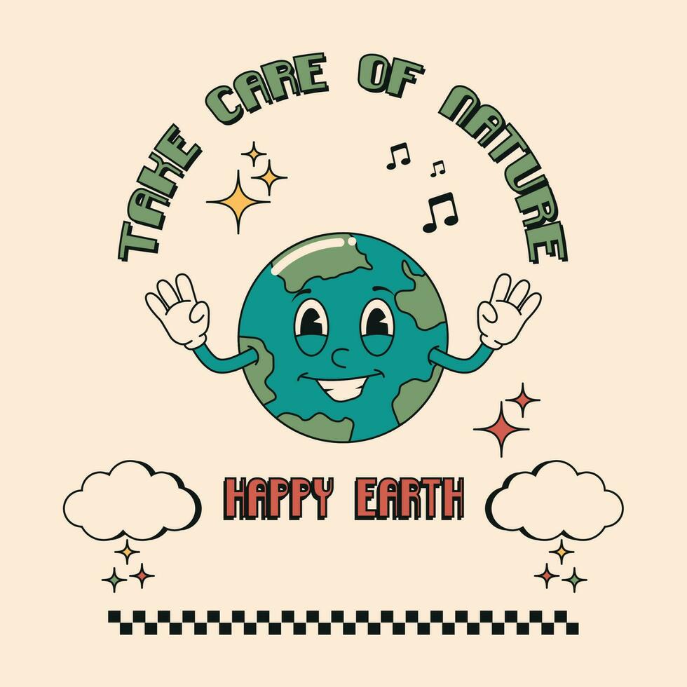 Retro style of the 70s with the inscription Protect Nature - Happy Earth. Vector illustration of the planet, globe with a smiley face on a beige background.