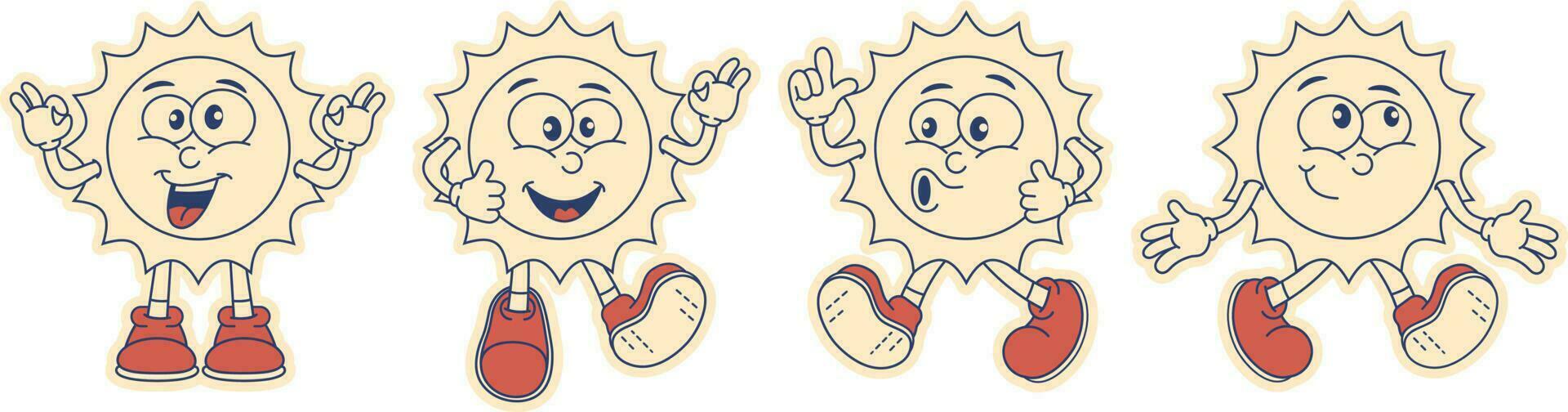 Retro groovy sun in 70s style in monochrome colors. Sticker, banner, sun smiles, wonders, laughs. Cartoon retro style bright sun 80s90s. Vector illustration.