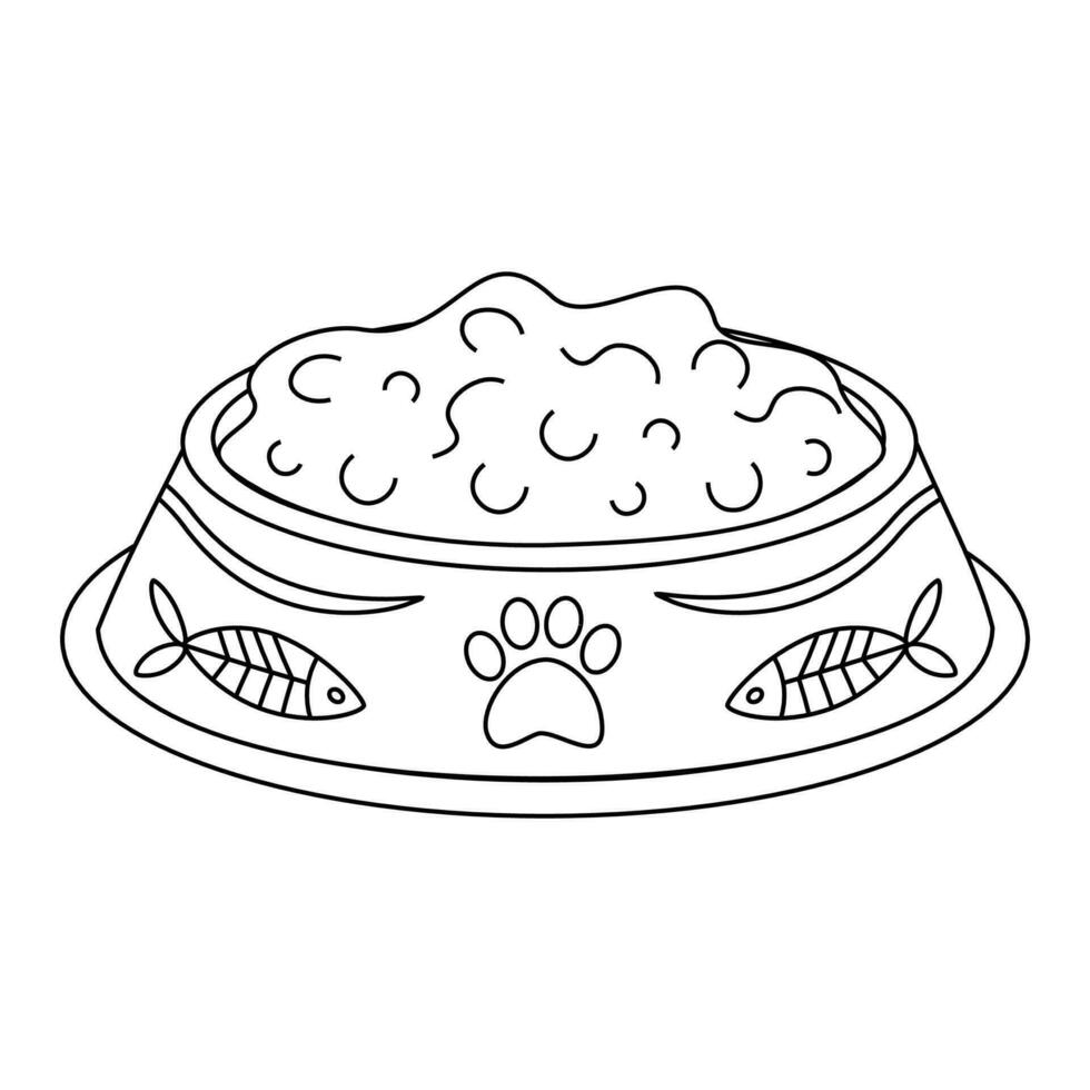 Bowl with food for animals, cats, dogs with a paw, fish. vector