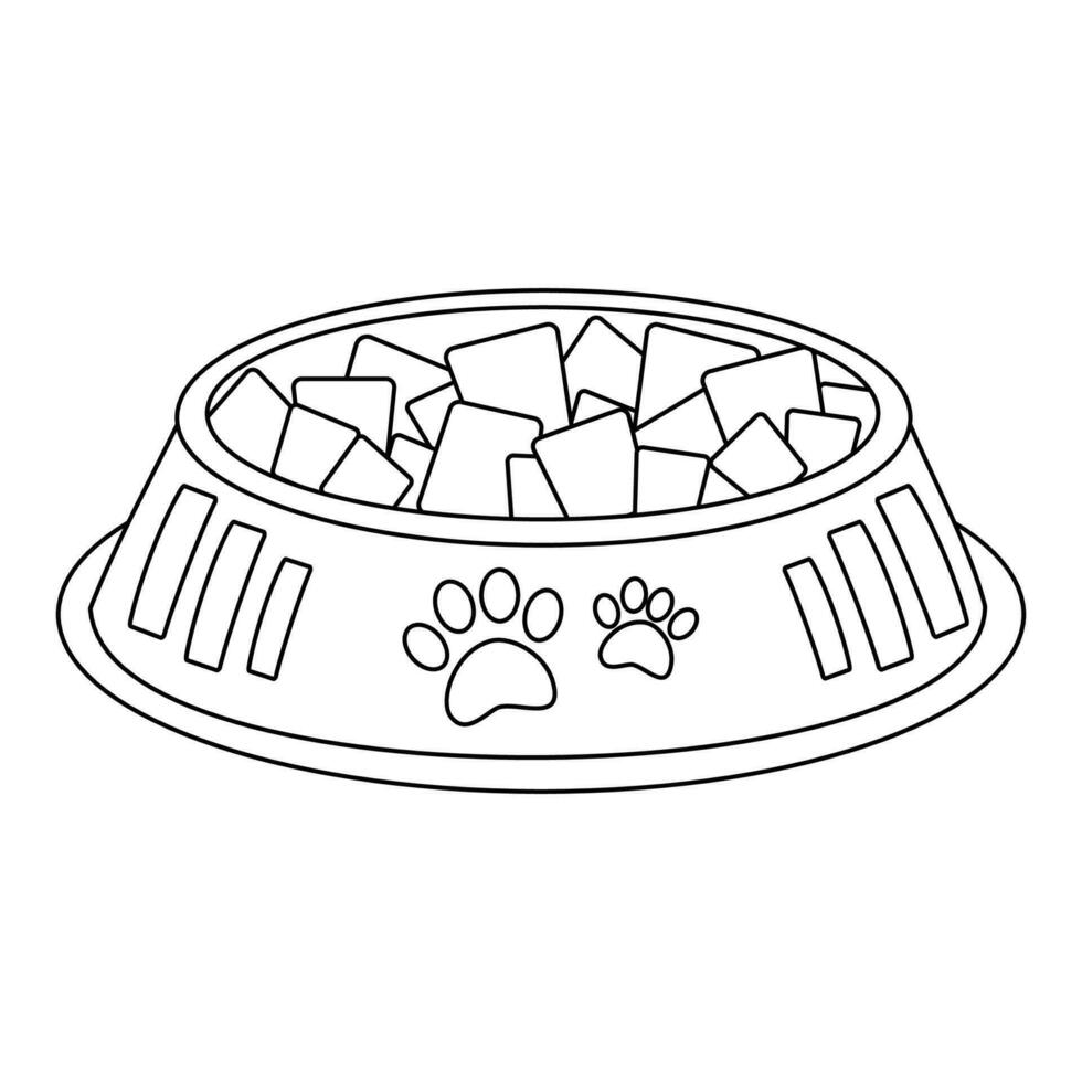 A bowl with food for animals, cats, dogs with a label with paws. vector