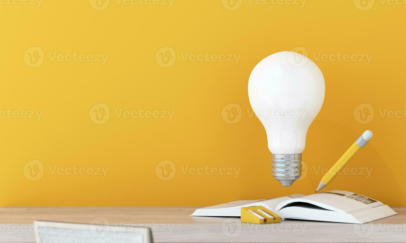 light bulb with glowing rays, with book learning, cartoon style, stationery, symbol of creativity, doodles concept, innovation, inspiration, invention and idea, 3d rendering on yellow background photo