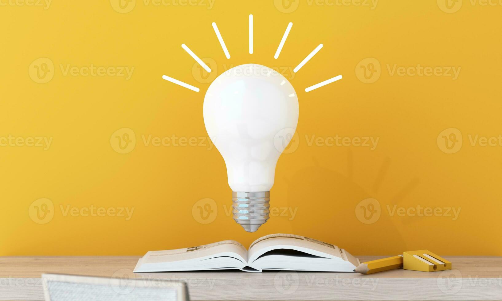 light bulb with glowing rays, with book learning, cartoon style, stationery, symbol of creativity, doodles concept, innovation, inspiration, invention and idea, 3d rendering on yellow background photo