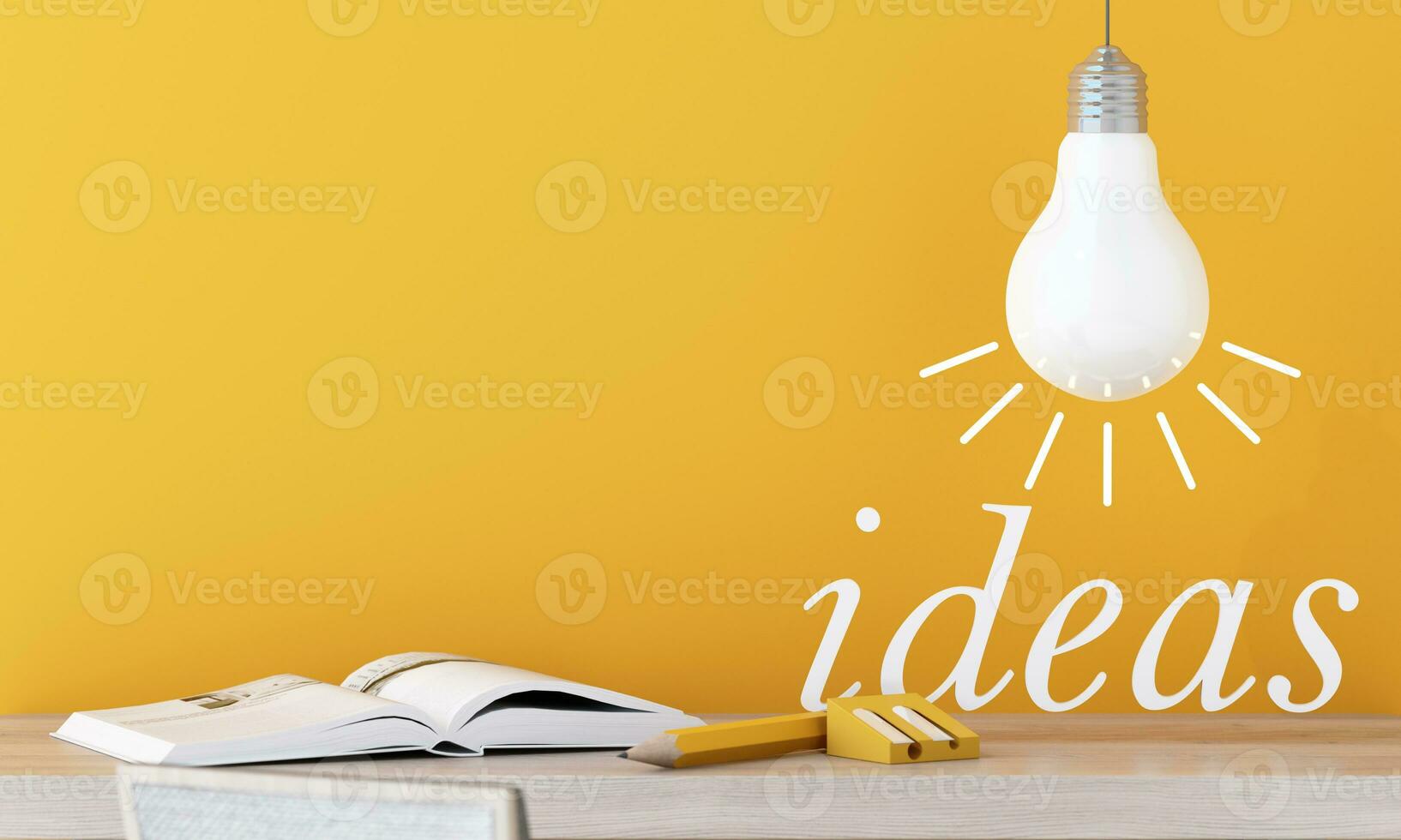 light bulb with glowing rays, with book learning, cartoon style, stationery, symbol of creativity, doodles concept, innovation, inspiration, invention and idea, 3d rendering on yellow background photo