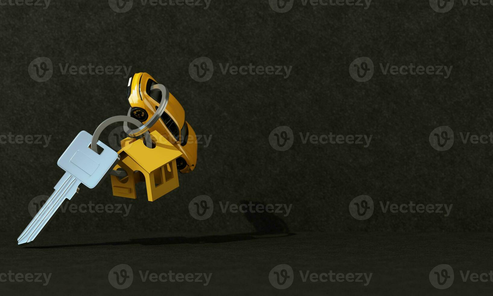 The concept of real estate and cars. Loan and insurance in yellow tones on black background House and car keychain surrounded by money and coins. 3d rendering photo