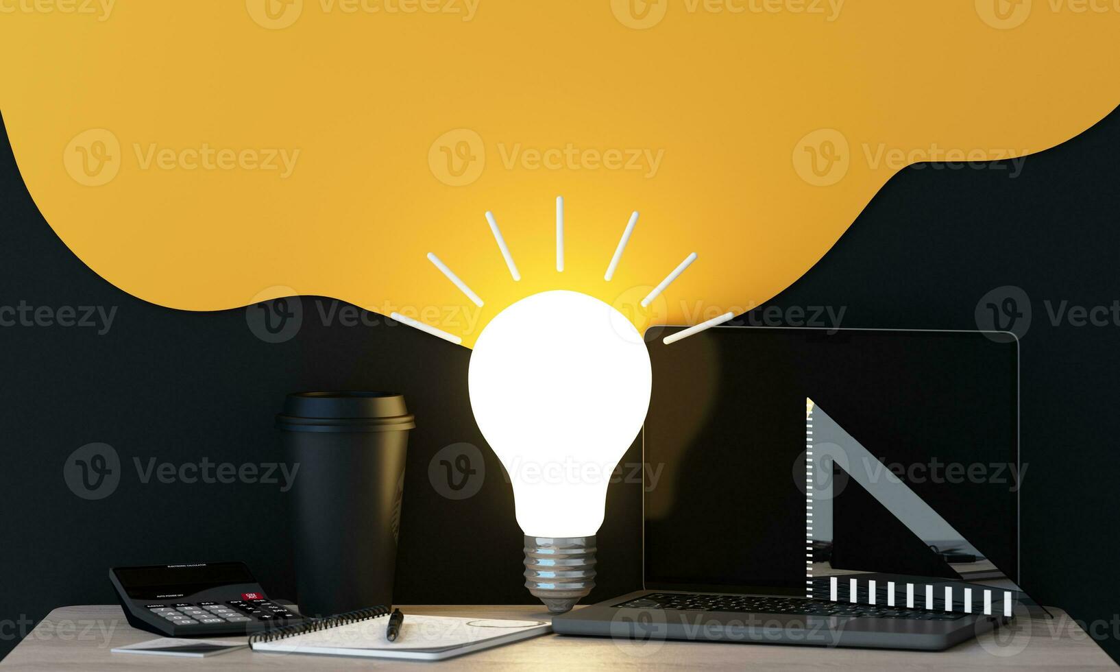 light bulb with glowing rays, with book learning, cartoon style, stationery, symbol of creativity, doodles concept, innovation, inspiration, invention and idea, 3d rendering on yellow background photo