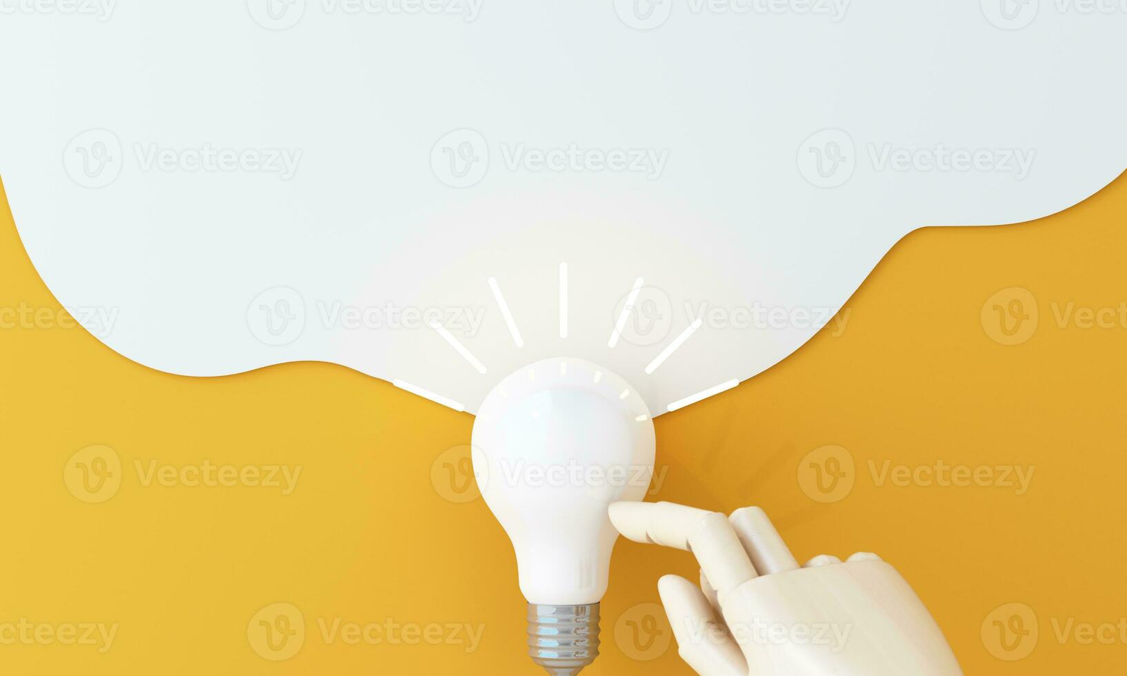 light bulb with glowing rays, with book learning, cartoon style, stationery, symbol of creativity, doodles concept, innovation, inspiration, invention and idea, 3d rendering on yellow background photo