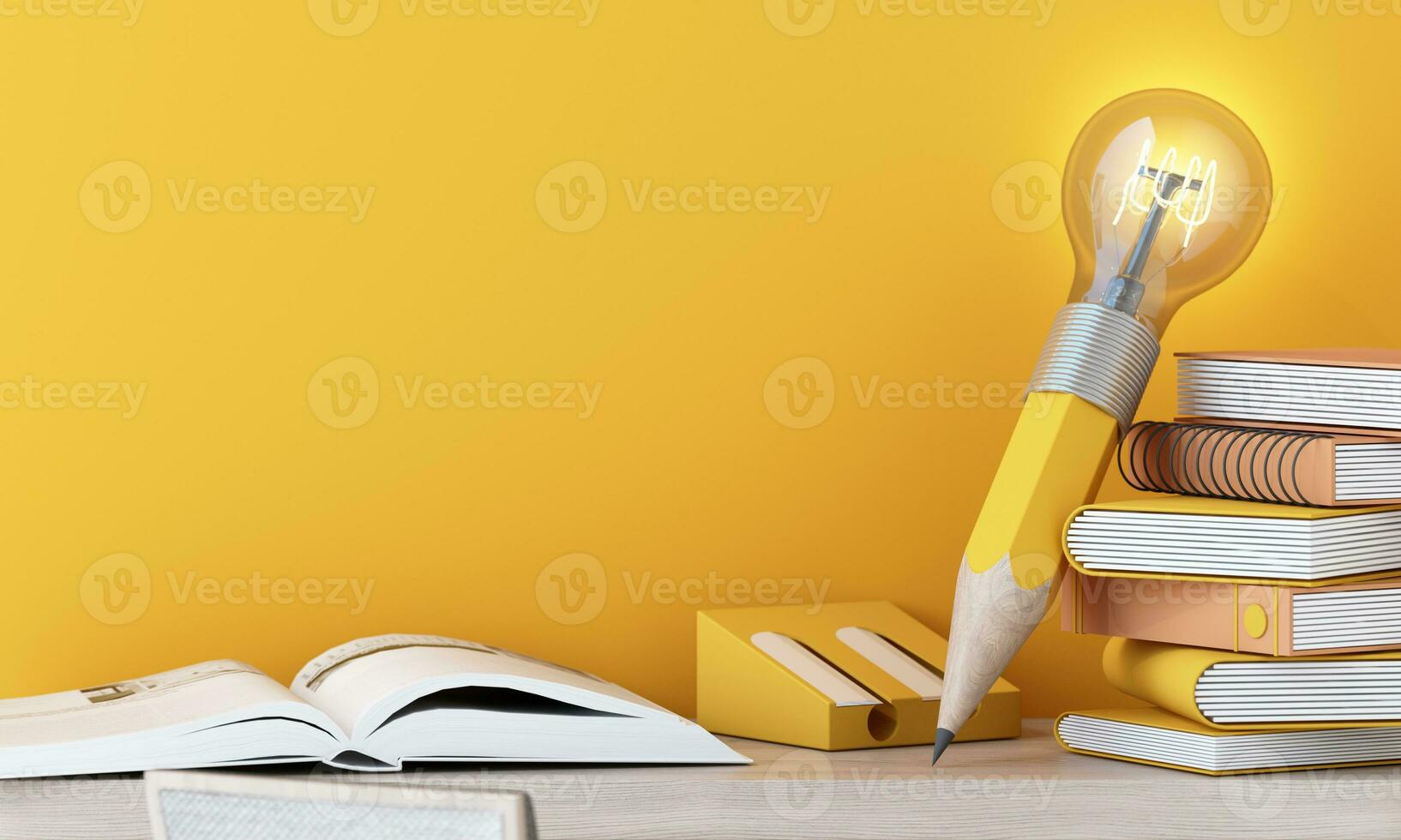 light bulb with glowing rays, with book learning, cartoon style, stationery, symbol of creativity, doodles concept, innovation, inspiration, invention and idea, 3d rendering on yellow background photo