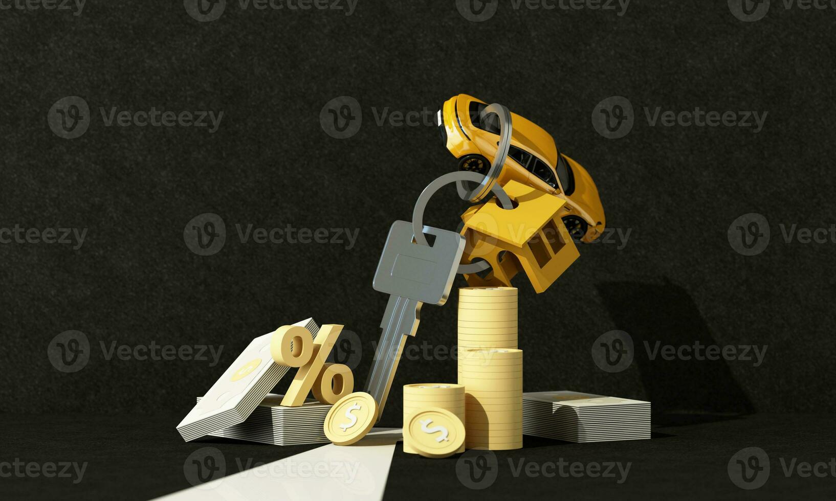 The concept of real estate and cars. Loan and insurance in yellow tones on black background House and car keychain surrounded by money and coins. 3d rendering photo