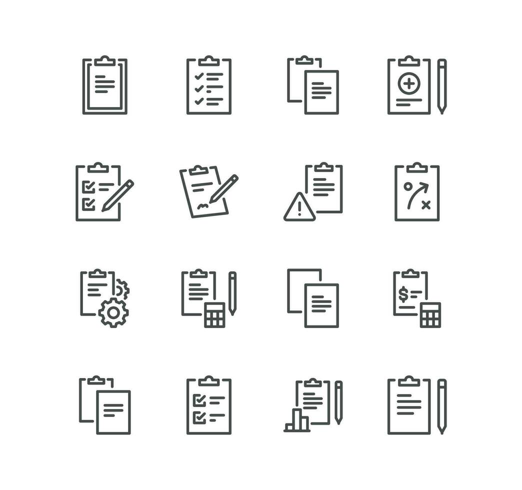 Set of clipboard related icons, contact, checklist, form, petition and linear variety vectors. vector
