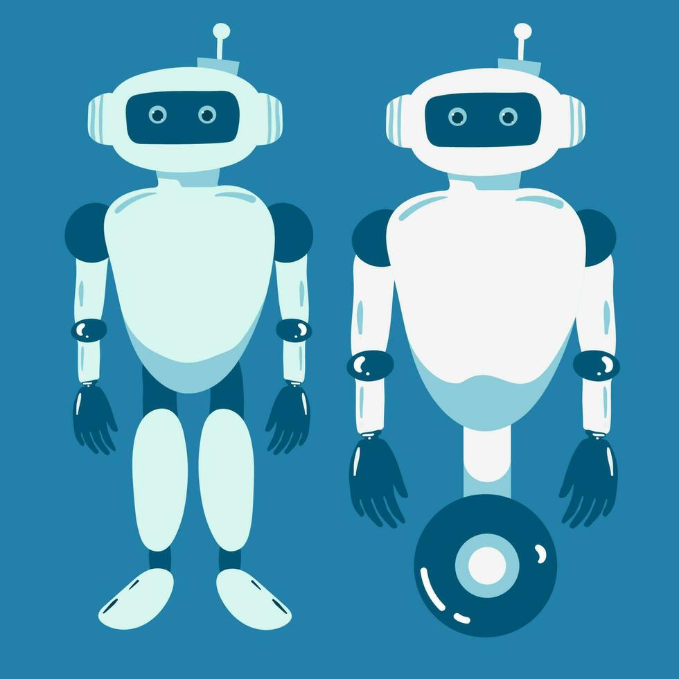 Alien robots, future technology cartoon characters. Robotic life forms, futuristic machines or cyborgs workers with artificial intelligence, claws on hands and glowing neon eyes vector, vector