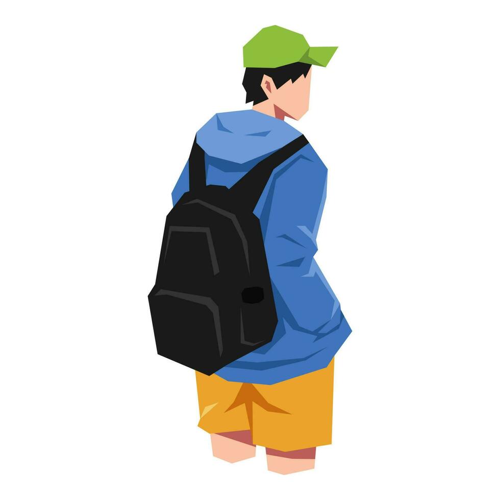 male tourist wearing a hat wearing a backpack. back view. isolated on white background. cartoon flat vector illustration.