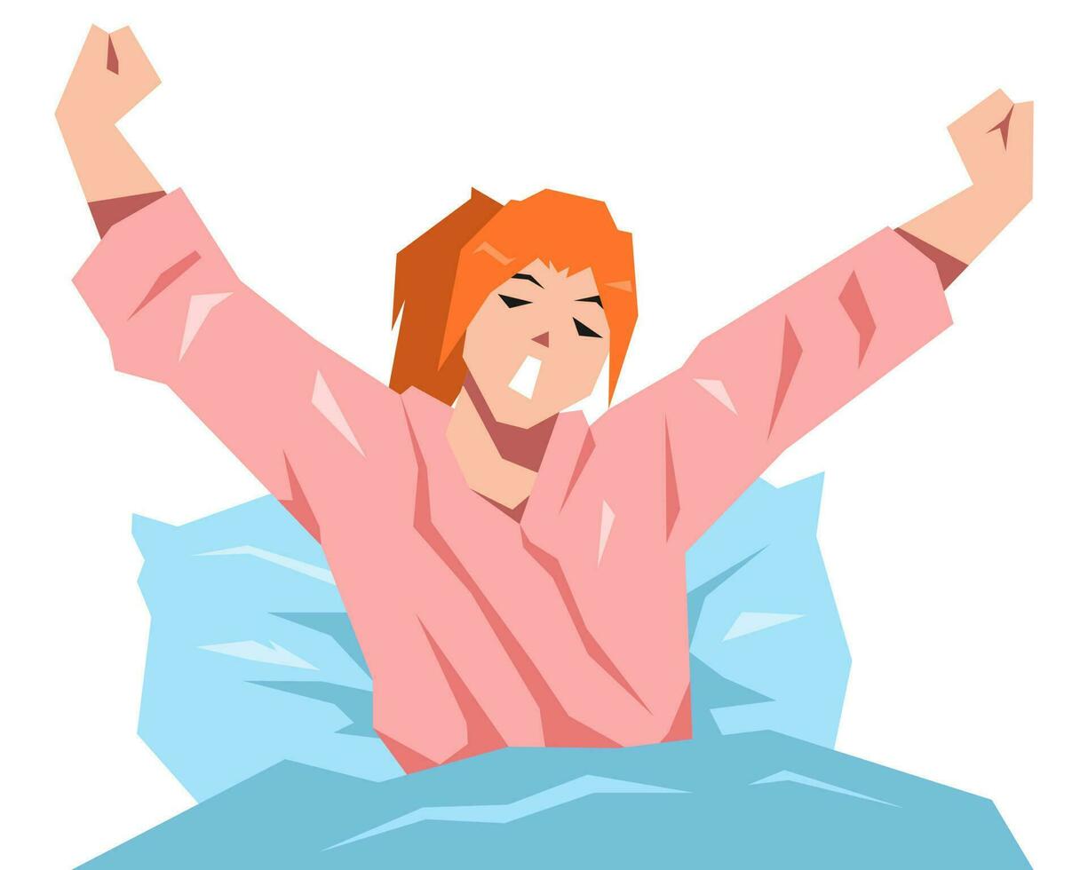 cute teenage girl stretching and yawning after waking up. with pillow and blanket. isolated on white background. cartoon flat vector illustration.