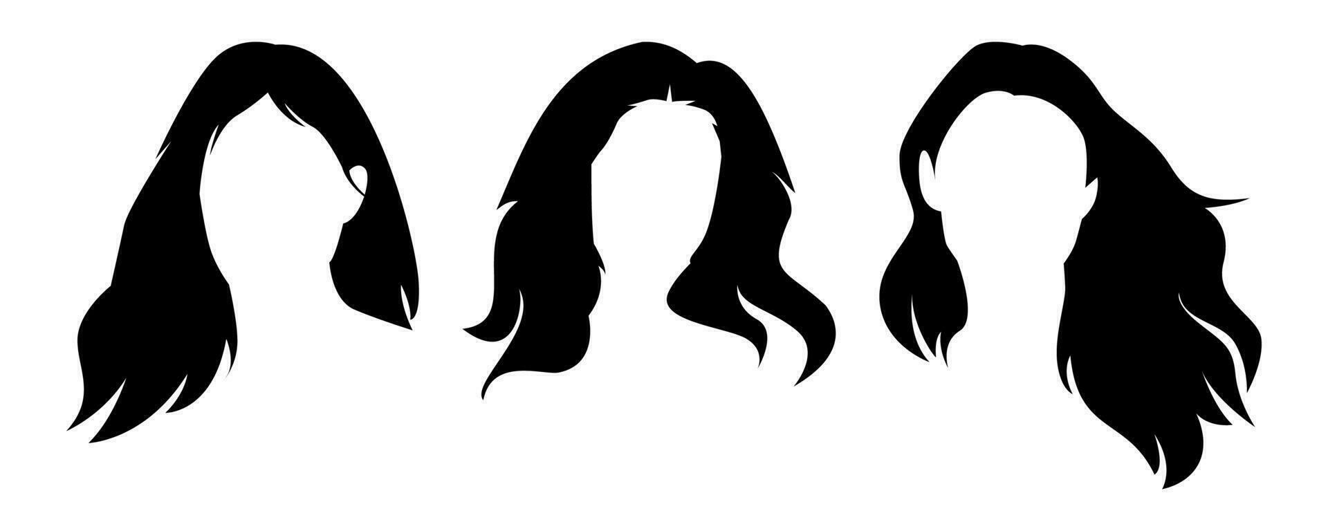 set of several woman with long hairstyle silhouette. isolated on white background. vector illustration.