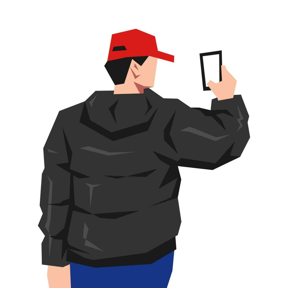 man in hat back view is taking photo with smartphone camera. isolated on white background. cartoon flat vector illustration.