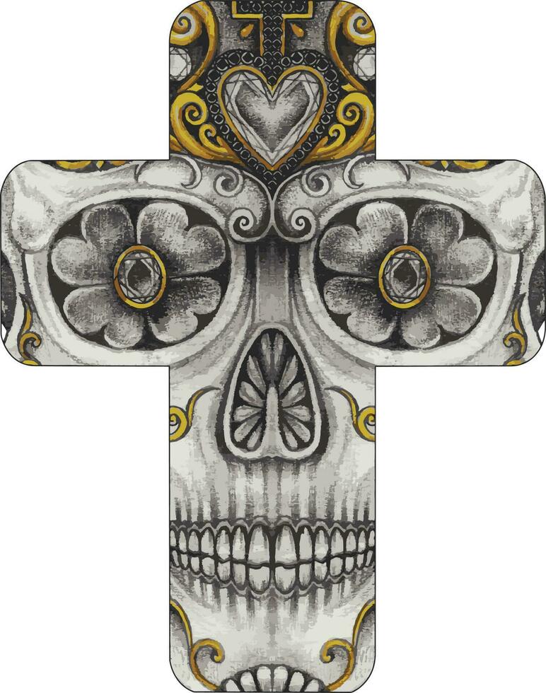 Art fancy skull cross. Hand drawing and make graphic vector. vector