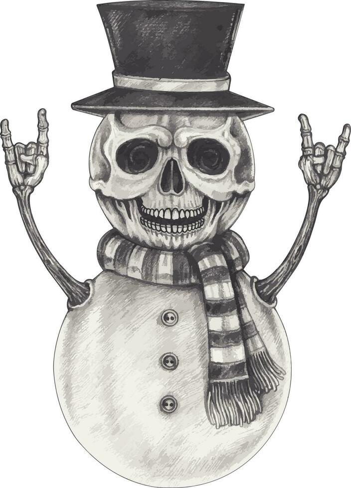 Surreal fancy snowman skull. Hand drawing and make graphic vector. vector