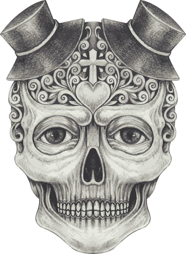 Art vintage mix fancy surreal skull. Hand drawing and make graphic vector. vector