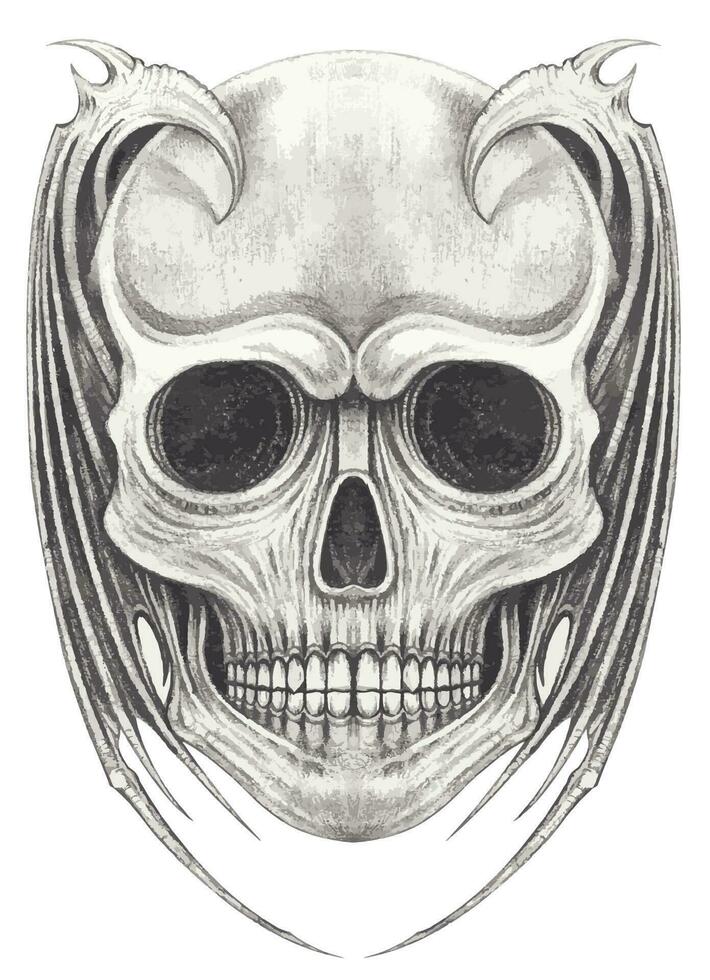 Surreal wings devil skull tattoo. Hand drawing and make graphic vector. vector