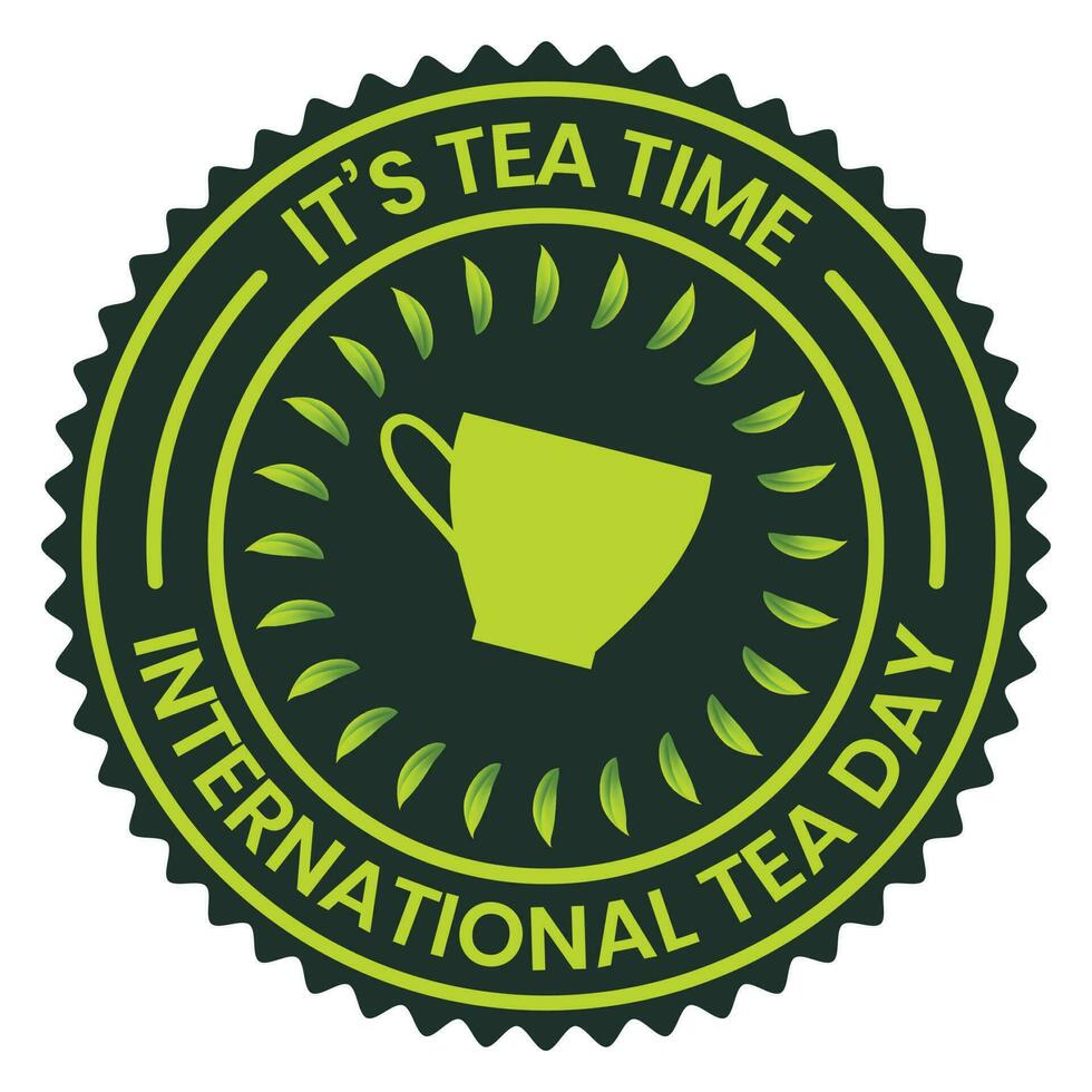 international tea day badge design, emblem, logo, rubber stamp, seal, banner, label, tea day tshirt design with tea leaf vector illustration