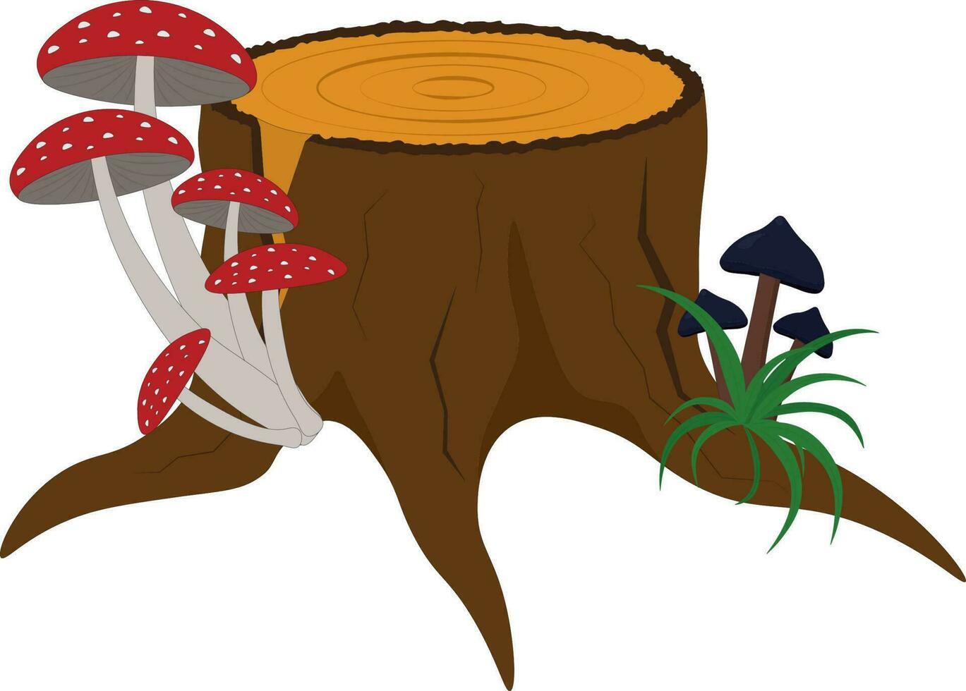 Old rotten stump with fly agaric mushrooms vector illustration