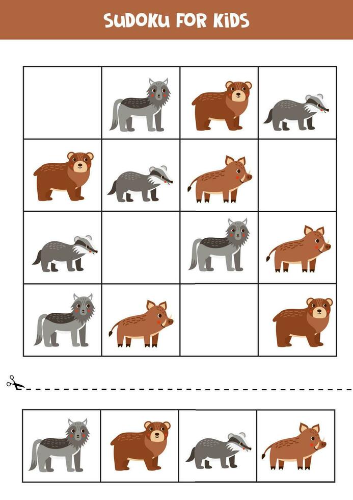 educativo sudoku juego con linda bosque animales vector