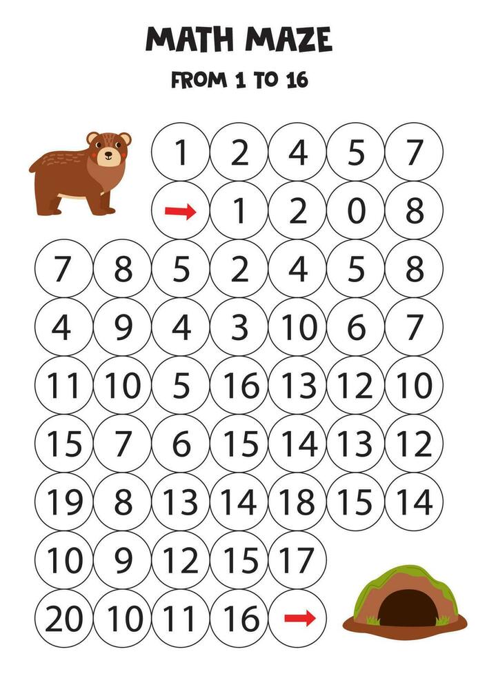 Get cute bear to its den by counting to 16. vector
