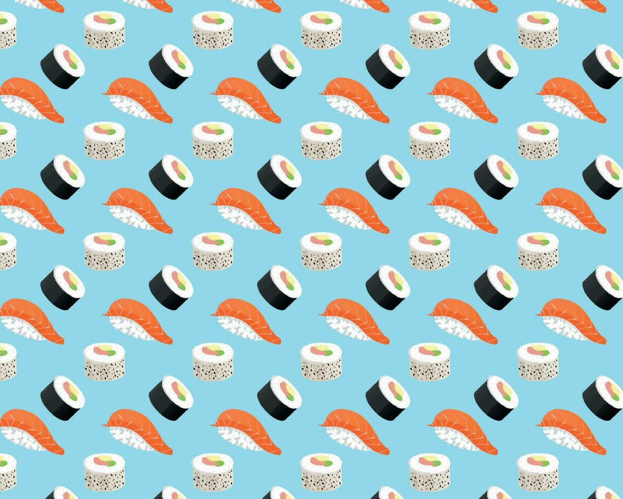 Japanese cuisine sushi Vector cartoon illustration. Seamless pattern Japanese traditional seafood background