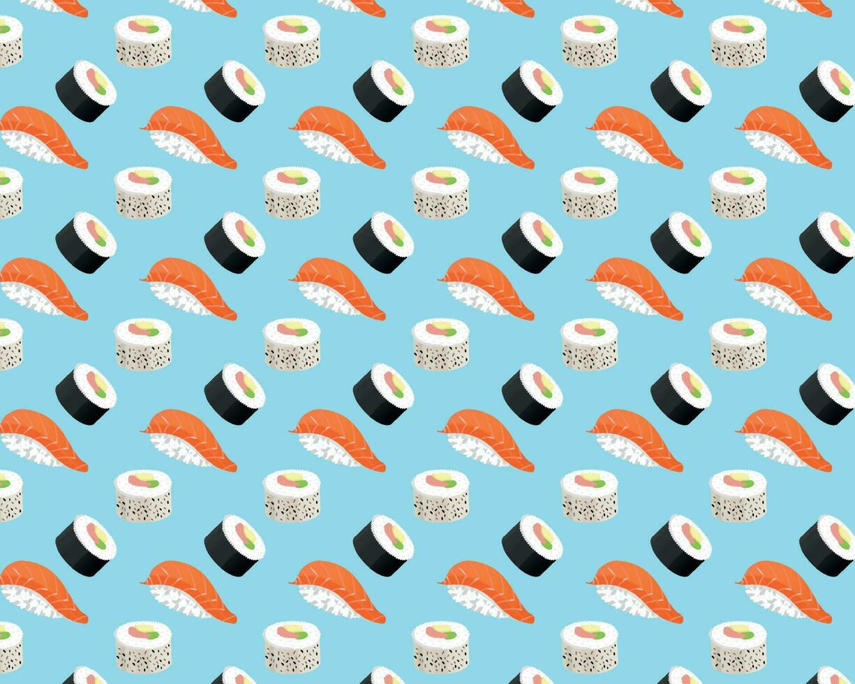 Japanese cuisine sushi Vector cartoon illustration. Seamless pattern Japanese traditional seafood background