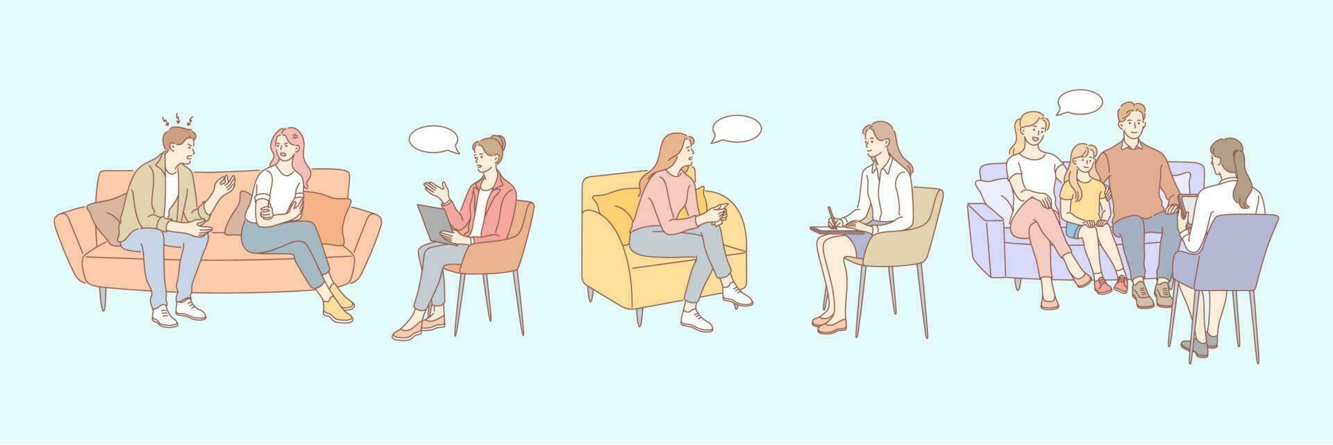 Family therapy, psychology, meeting session set concept vector