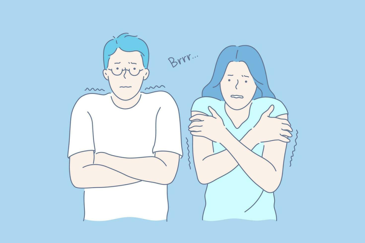 Frozen people hugging themselves, discomfort, negative emotions concept vector