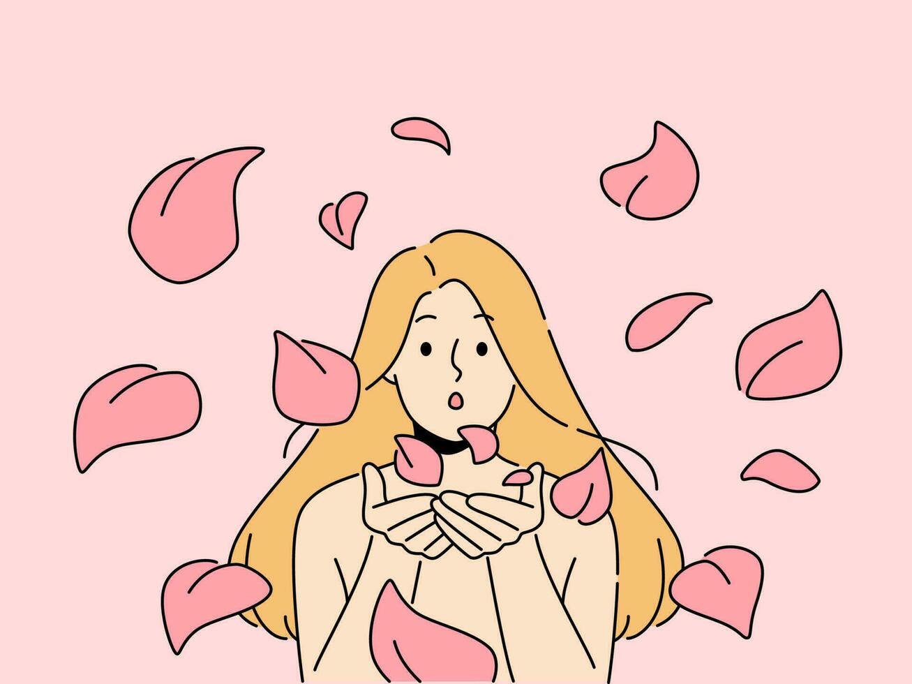 Naked woman blow rose petals to camera. Elegant blonde girl spread scent of flowers blowing petals. Vector illustration.