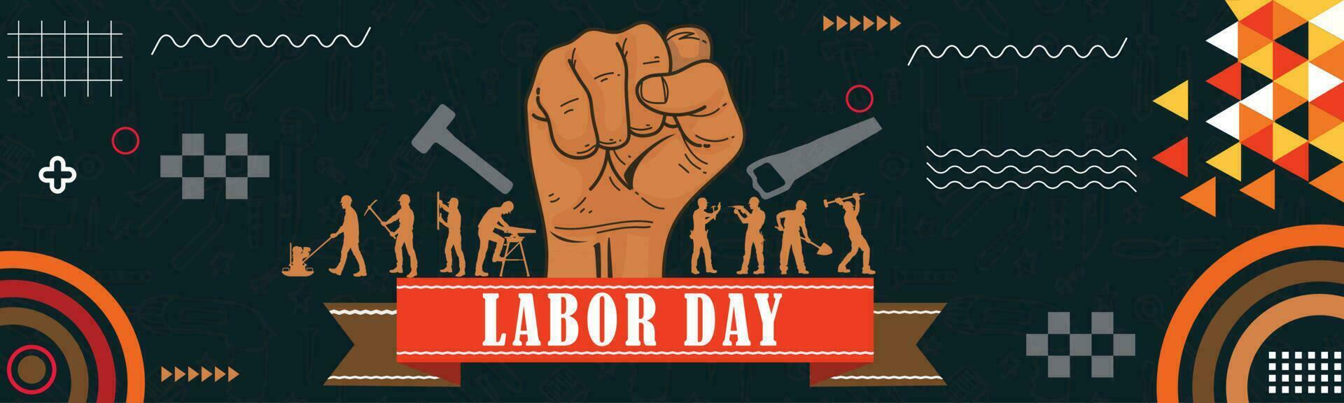 World labor day banner design with labor tools and hand fist  Abstract modern geometric background vector