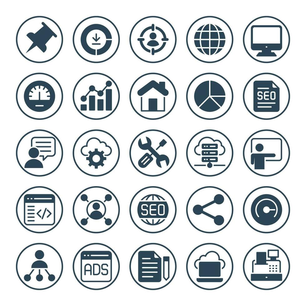 Circle glyph icons for Search engine optimization. vector