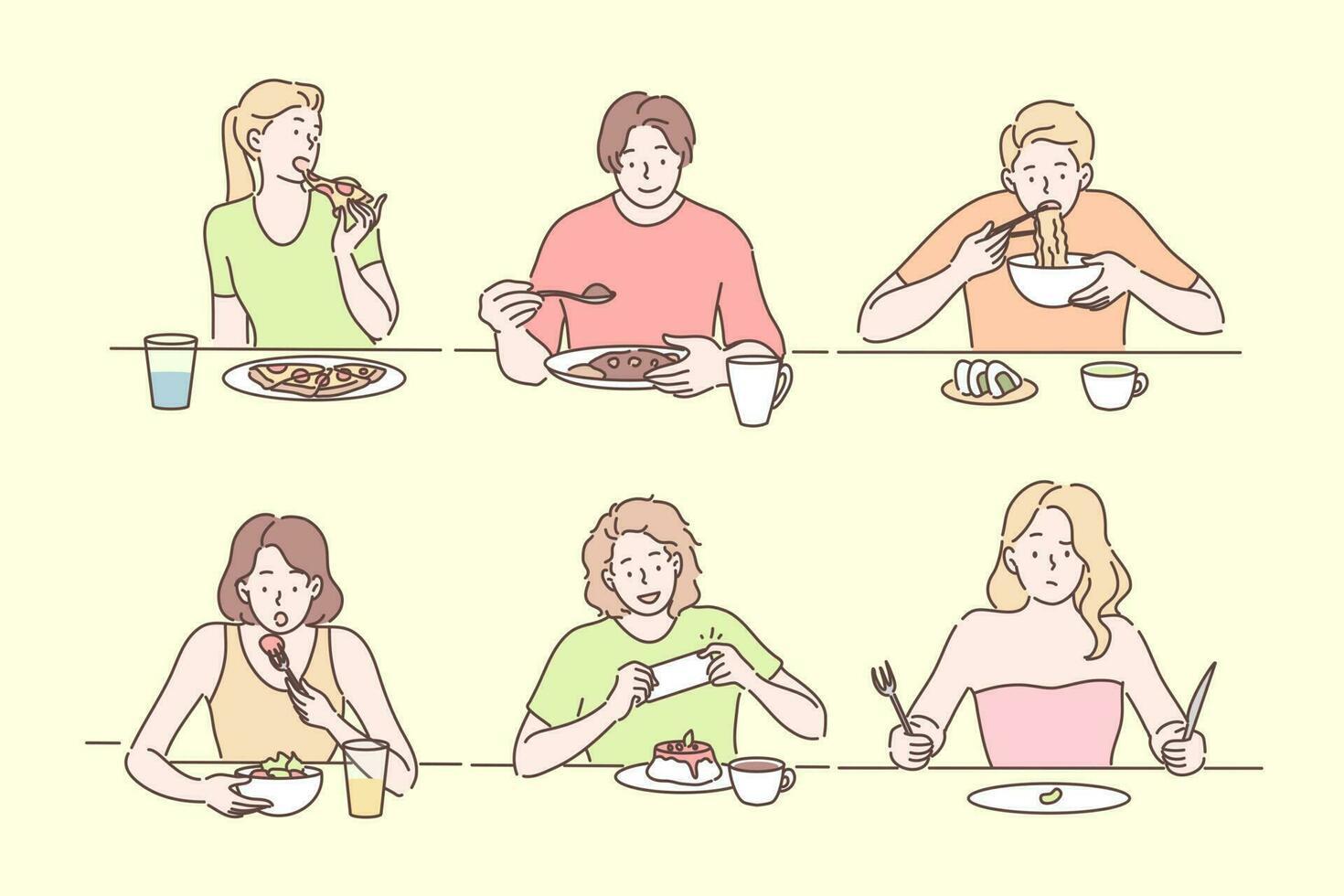People eating different food set concept vector