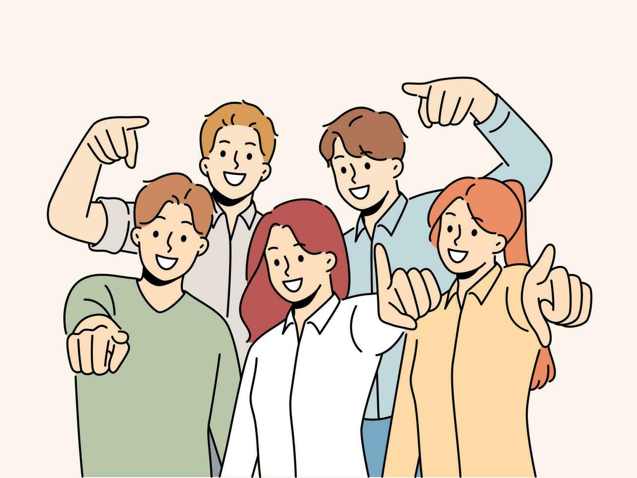 grupo de sonriente empleados punto a pantalla escoger trabajo candidato. equipo de contento gente de negocios escoger usted para empleo o reclutamiento. vector ilustración.