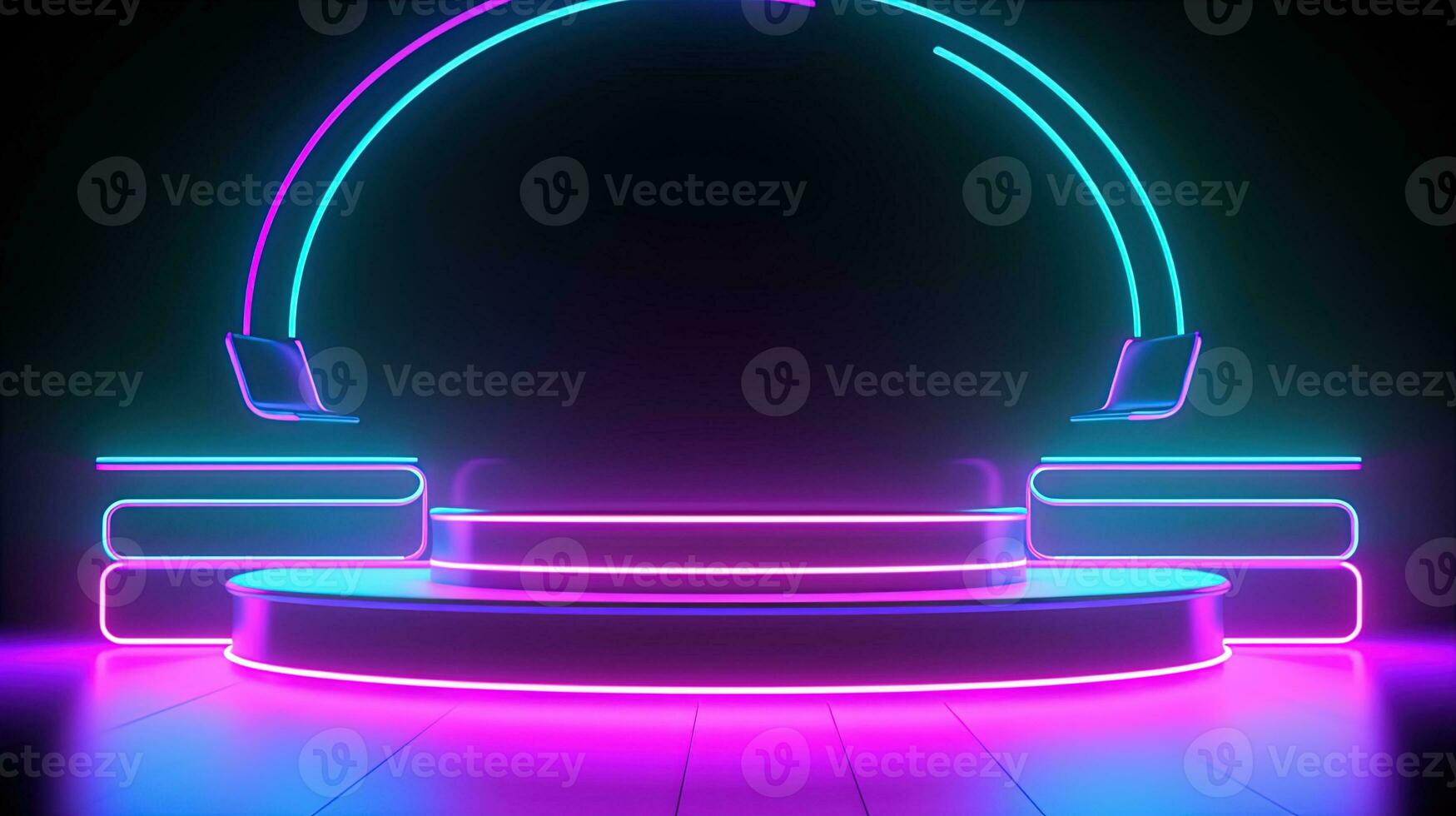 3D abstract background. Neon glowing podium. Empty scene for product presentation. photo