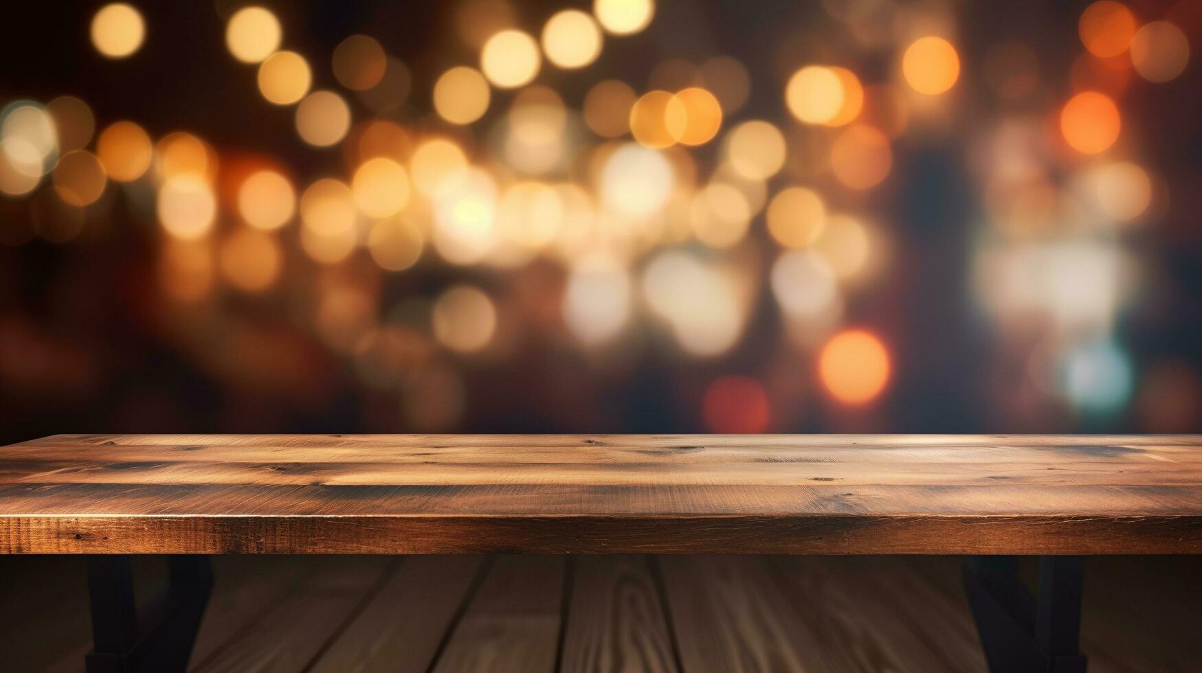 Empty wooden table in front of abstract bokeh light background. photo