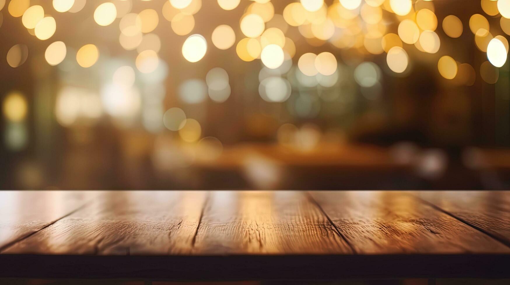 Empty wooden table in front of abstract bokeh light background. photo