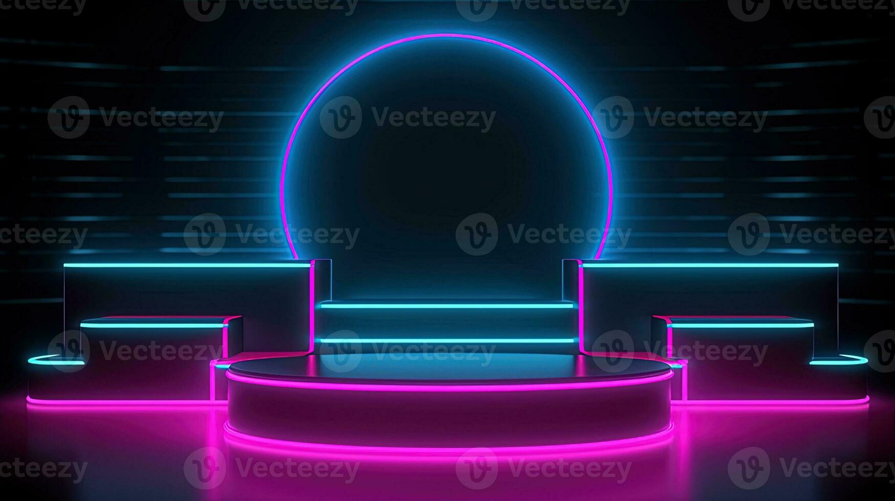 3D abstract background. Neon glowing podium. Empty scene for product presentation. photo