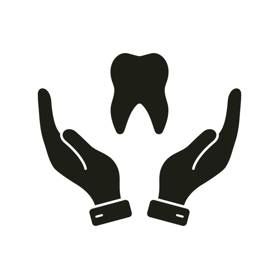 Dental Treatment Solid Sign. Dentistry Symbol. Dental Care Silhouette Icon. Stomatology Protection Glyph Pictogram. Tooth and Human Hand Dentist Support Concept. Isolated Vector Illustration.