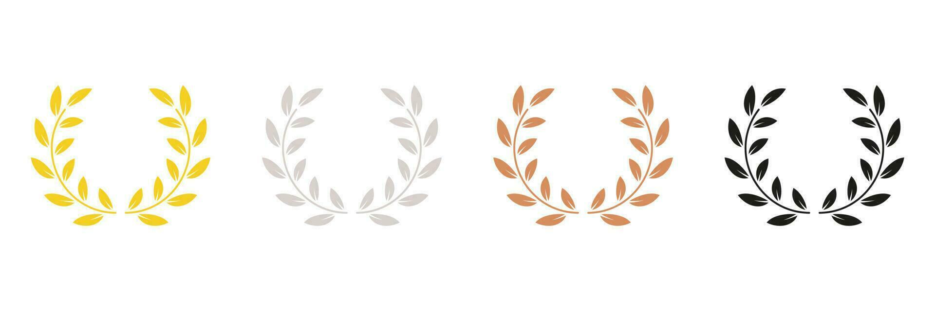 Vintage Olive Leaves Emblem. Winner Chaplet. Circle Tree Branch Success Symbol. Laurel Wreath Silhouette Icon Set. Gold, Silver, Bronze, Black Leaf Award Glyph Pictogram. Isolated Vector Illustration.