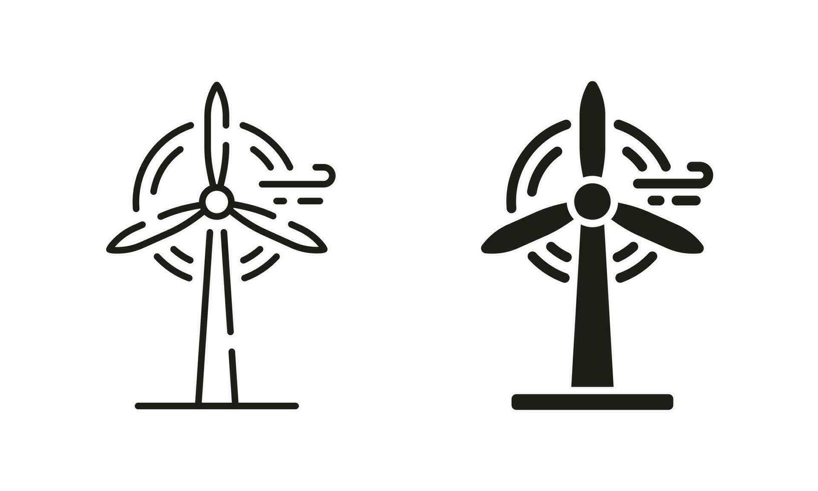 Wind Mill Farm Electric Power Line and Silhouette Icon Set. Eco Renewable Energy. Ecology Technology of Generation Energy Symbol Collection on White Background. Isolated Vector Illustration.