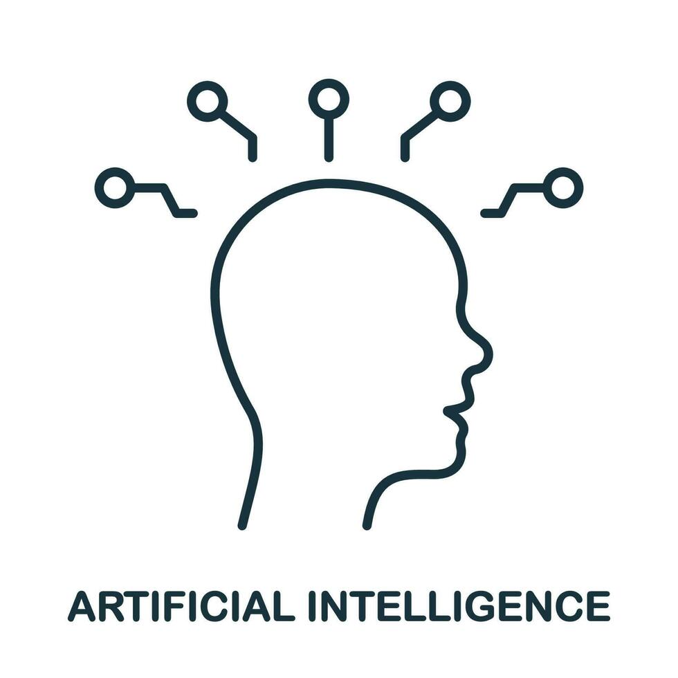 Machine Learning Outline Sign. Intellectual Process Symbol. Artificial Intelligence Line Icon. Digital Technology, AI Human Brain Linear Pictogram. Editable Stroke. Isolated Vector Illustration.