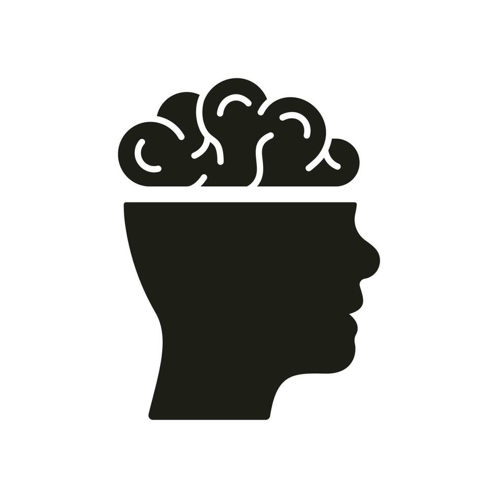Knowledge, Memory, Mind, Intelligence Glyph Icon. Human Brain Silhouette Pictogram. Medical Neurology, Psychology Solid Sign. Human Head Anatomy. Isolated Vector Illustration.