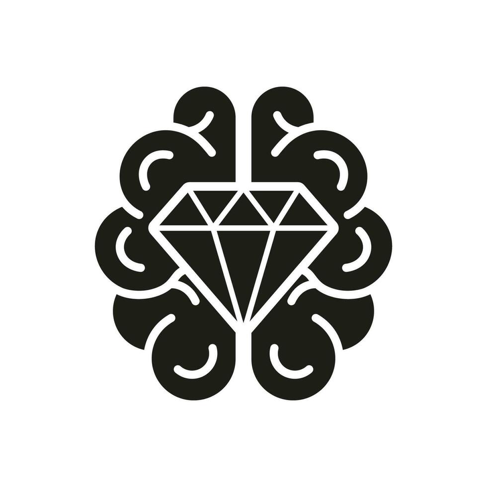 Creative Smart Idea, Jewelry in Mind Glyph Symbol on White Background. Human Brain with Diamond Black Silhouette Icon. Brilliant Genius Solid Pictogram. Isolated Vector Illustration.