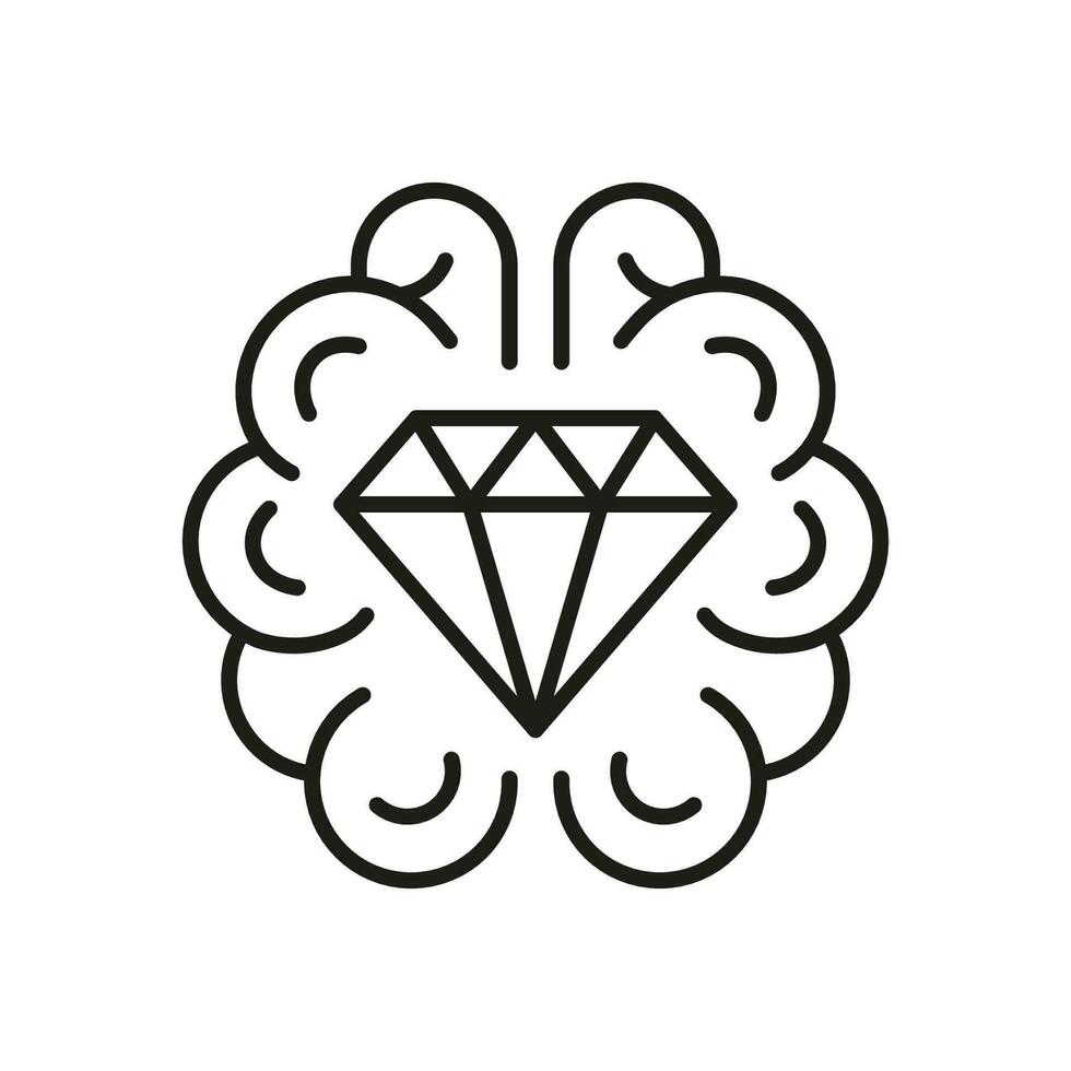 Human Brain with Diamond Black Line Icon. Brilliant Genius Linear Pictogram. Creative Smart Idea, Jewelry in Mind Symbol on White Background. Editable Stroke. Isolated Vector Illustration.