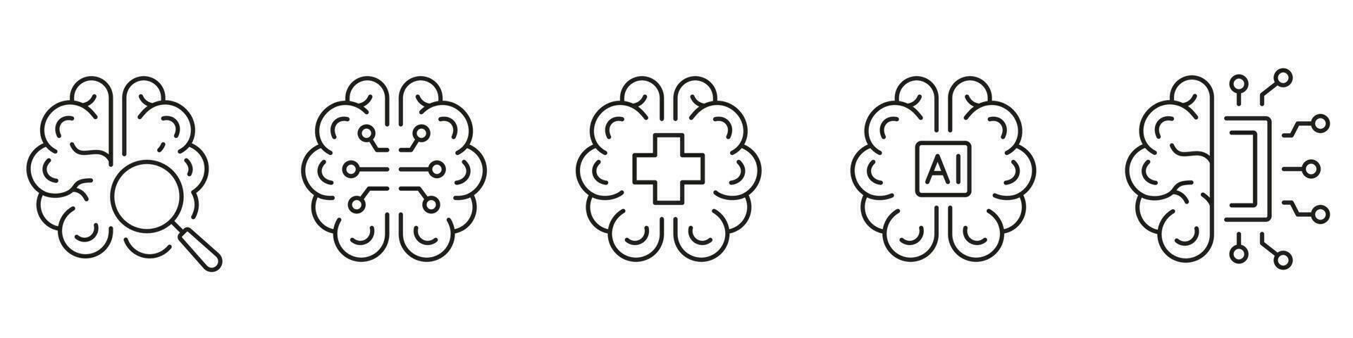 Human Brain AI Concept Black Line Icon Set. Neurology Science, Digital Technology Linear Pictogram. Artificial Intelligence Symbol on White Background. Editable Stroke. Isolated Vector Illustration.