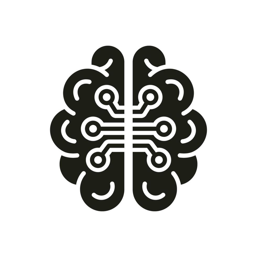 Tech Science Silhouette Pictogram. Human Brain and Digital Technology Black Solid Icon. Neurology and Artificial Intelligence Glyph Symbol on White Background. Isolated Vector Illustration.